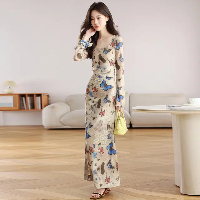 袋鼠 辣妹复古蝴蝶印花女抽褶收腰性感修身包臀长裙长袖连衣裙 女款