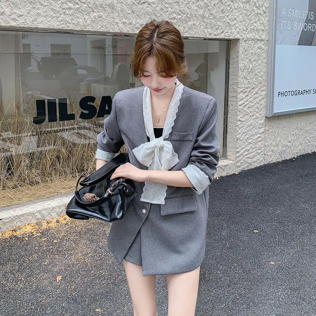 袋鼠 蕾丝系带上衣时尚韩系通勤职业短裤两件套西装套装 女款