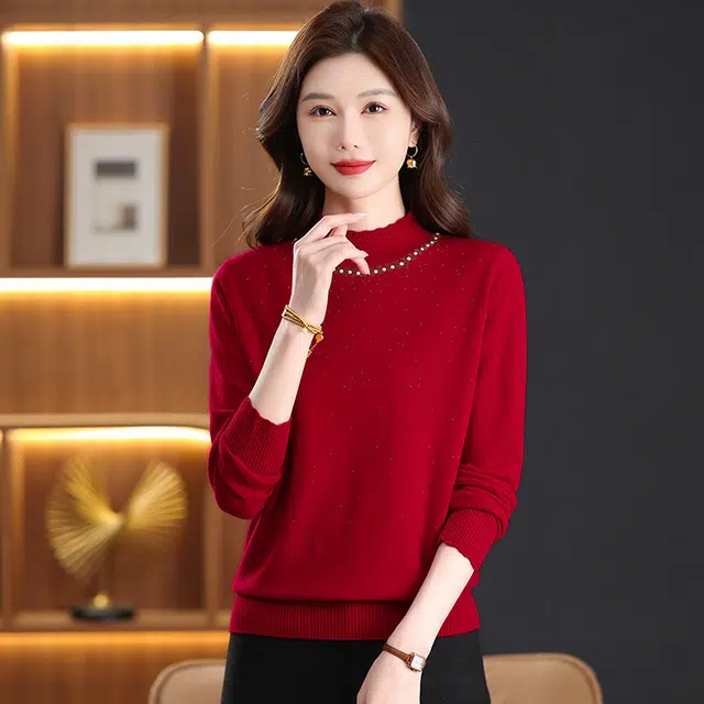 袋鼠 高领绣花精致简约宽松百搭显瘦纯色羊毛打底针织衫 女款