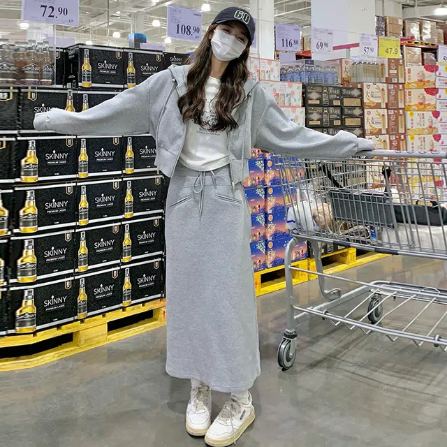 袋鼠 连帽开衫卫衣洋气减龄显瘦穿搭半身裙两件套裙装套装 女款