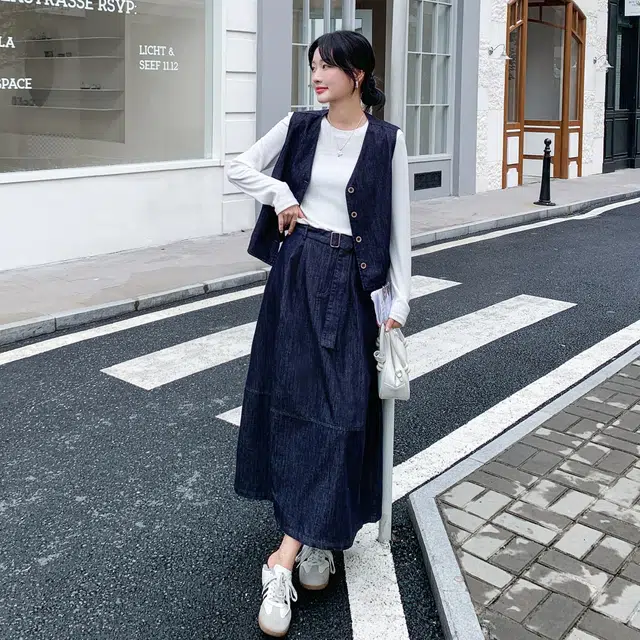 袋鼠 条纹披肩牛仔马甲半身裙三件套裙装套装 女款