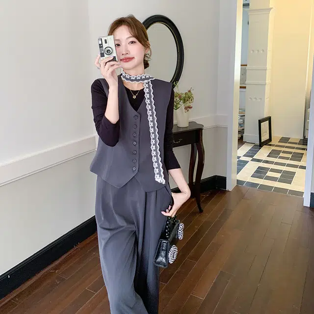 袋鼠 御姐蕾丝飘带西装马甲阔腿裤打底衫三件套休闲套装 女款
