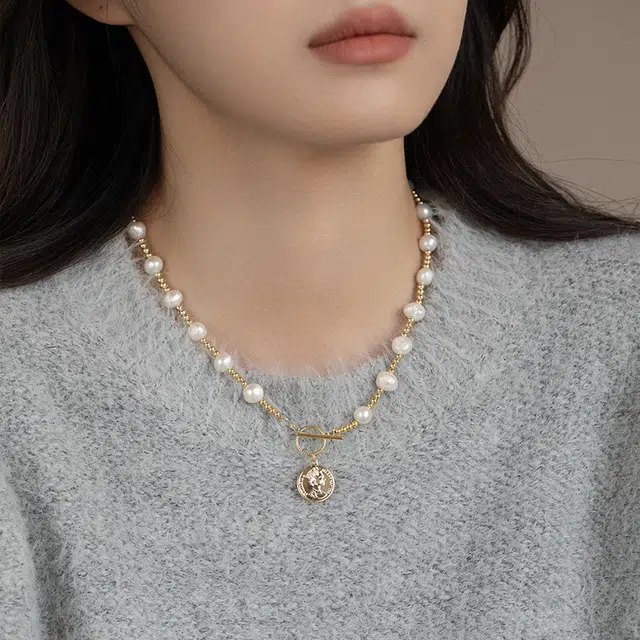 韵系 美人钱币吊坠淡水珍珠 铜镀金 项链 女款