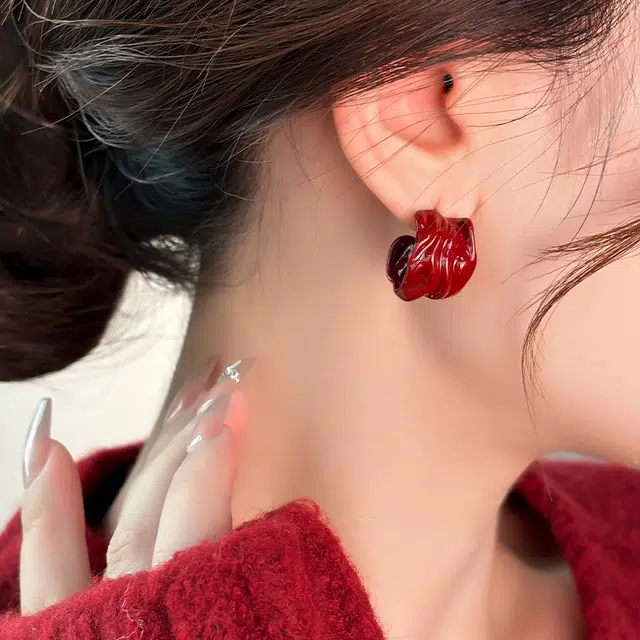 韵系 复古安可拉红色褶皱 铜镀金 耳环 女款