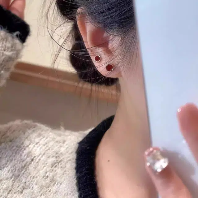 韵系 复古百搭红色圆形套装 铜镀金 耳钉 女款