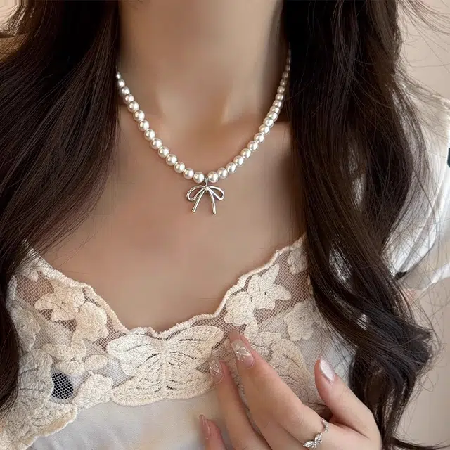 韵系 蝴蝶结爆款高级感正圆 仿珍珠 项链 女款