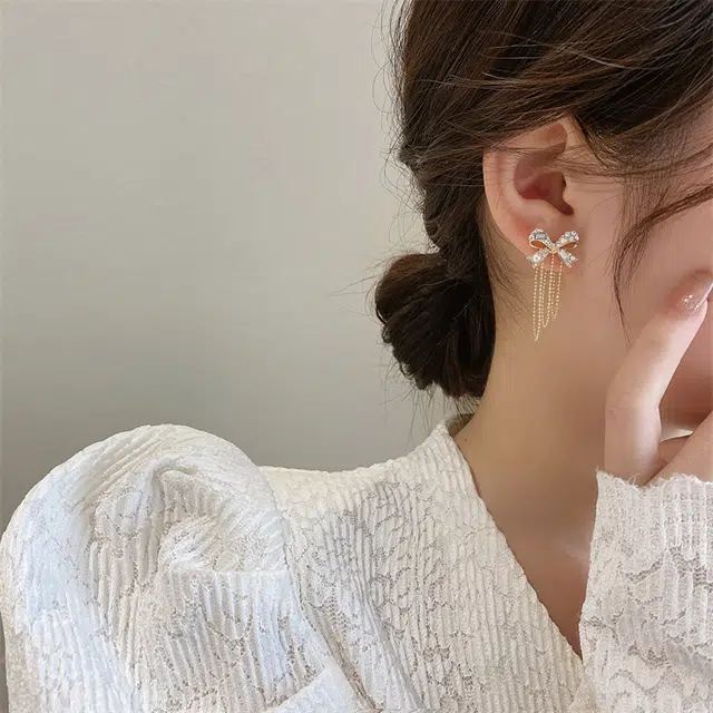 韵系 锆石蝴蝶结流苏小众设计感高级 珍珠 耳环 女款