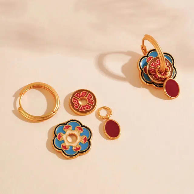 韵系 新中式复古珐琅宝相花 铜镀金 耳环 女款