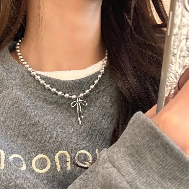 韵系 施家真多麻银灰蝴蝶结珍珠 铜镀金 项链 女款