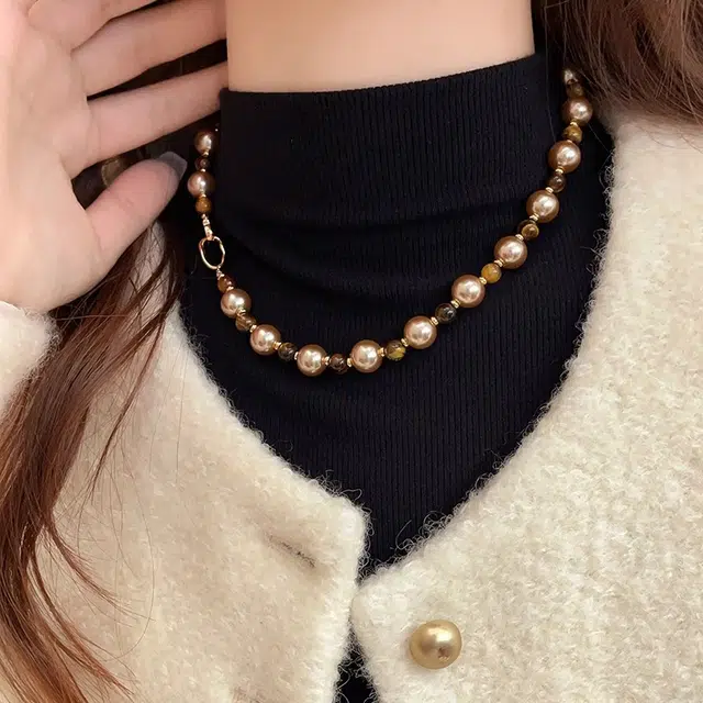 韵系 秋冬 美拉德 混彩珍珠 铜镀金 项链 女款