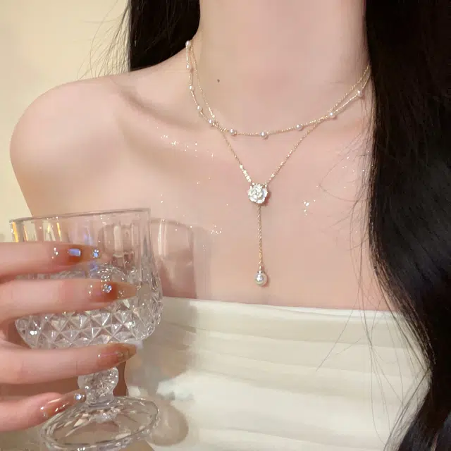 韵系 轻奢甜美双层叠戴山茶花 仿珍珠 项链 女款