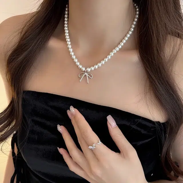 韵系 蝴蝶结爆款高级感正圆 仿珍珠 项链 女款