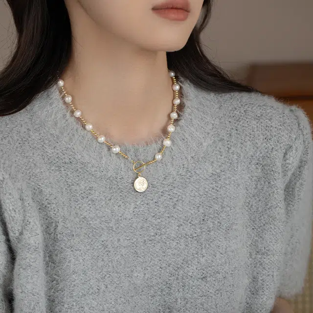 韵系 美人钱币吊坠淡水珍珠 铜镀金 项链 女款