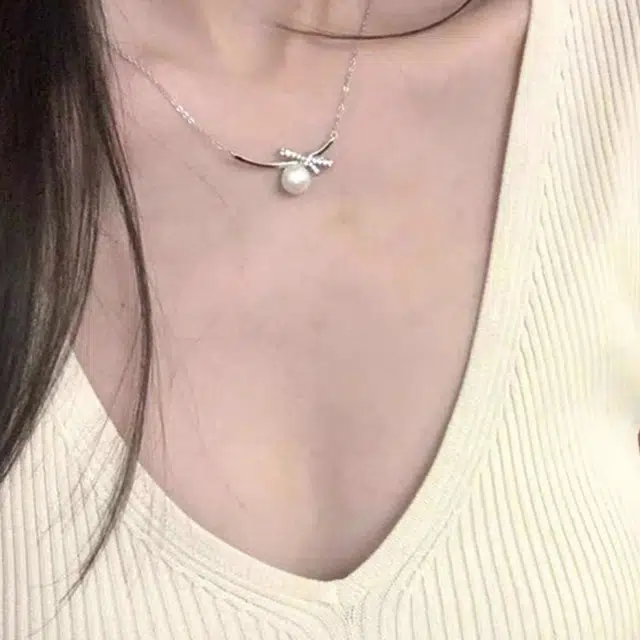 韵系 奶油绸缎蝴蝶结珍珠 铜镀金 项链 女款