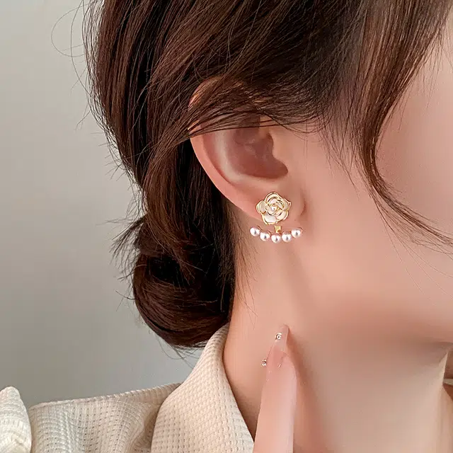 韵系 甜美百搭山茶花仿珍珠小众一款两戴时尚精致耳饰 铜镀金 耳环 女款
