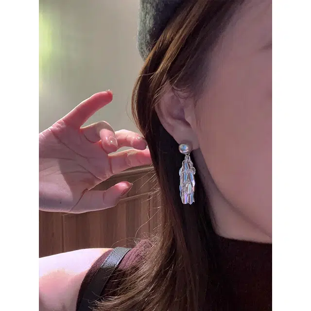 韵系 银色羽翼流苏珍珠 铜镀金 耳环 女款