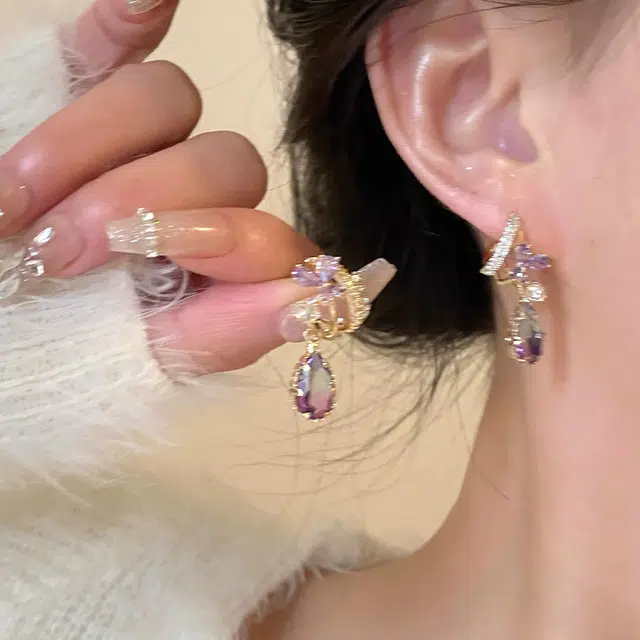 韵系 浪漫紫花朵超仙夏季时尚 锆石 耳环 女款