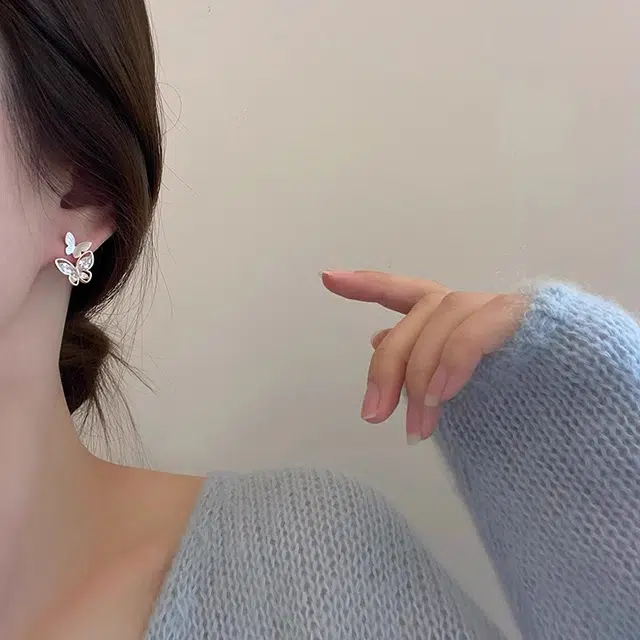 韵系 甜美小众设计感独特双层蝴蝶 锆石 耳环 女款