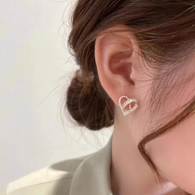 韵系 微镶锆石立体爱心珍珠 铜镀金 耳环 女款