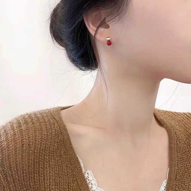 韵系 安可拉红豆豆 铜镀金 仿珍珠 耳环 女款 红色