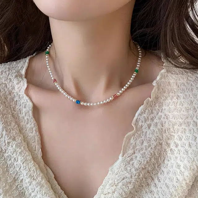 韵系 多巴胺彩色串珠珍珠 铜镀金 项链 女款