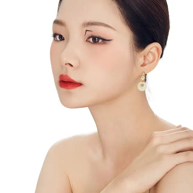 宫主 福气平安扣好运连连 新中式小众气质耳饰 和田玉耳环 女款 礼盒装