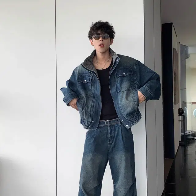 虫小绿 美式复古高级感设计款双层立领短款夹克上衣春秋款潮流痞帅宽松休闲百搭拼接牛仔外套 男女同款