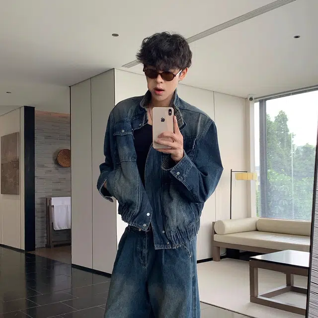 虫小绿 美式复古高级感设计款双层立领短款夹克上衣春秋款潮流痞帅宽松休闲百搭拼接牛仔外套 男女同款