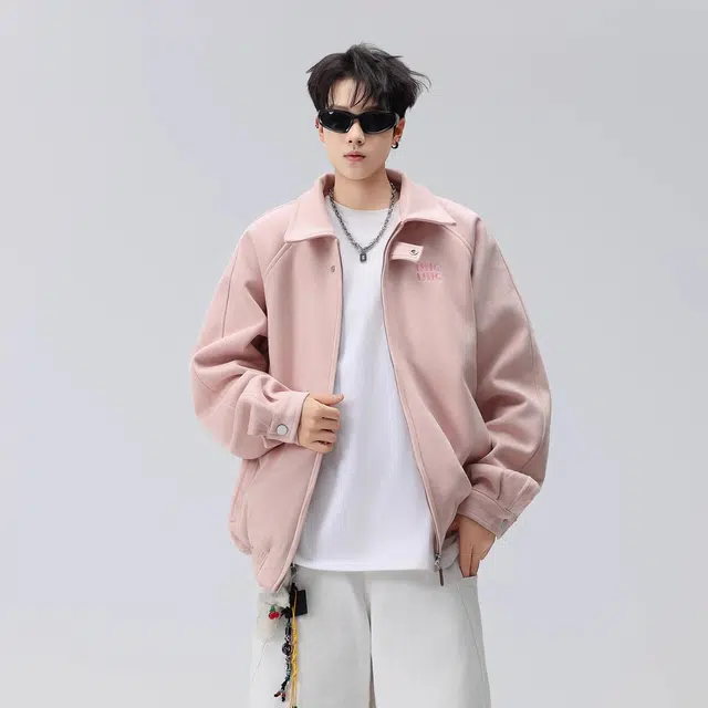 虫小绿 美式复古麂皮绒休闲外套潮流宽松翻领上衣百搭高级感字母刺绣拉链开衫情侣夹克 男女同款