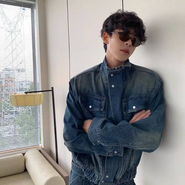 虫小绿 美式复古高级感设计款双层立领短款夹克上衣春秋款潮流痞帅宽松休闲百搭拼接牛仔外套 男女同款