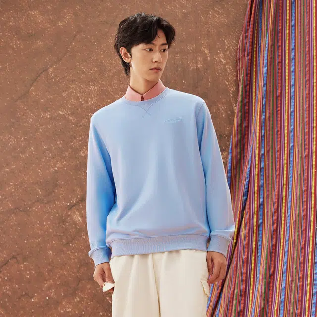 鸿星尔克 纯色运动休闲宽松圆领套头卫衣 男款 冰紫色