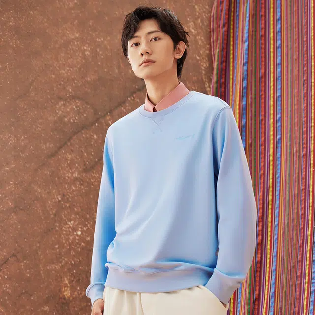 鸿星尔克 纯色运动休闲宽松圆领套头卫衣 男款 冰紫色