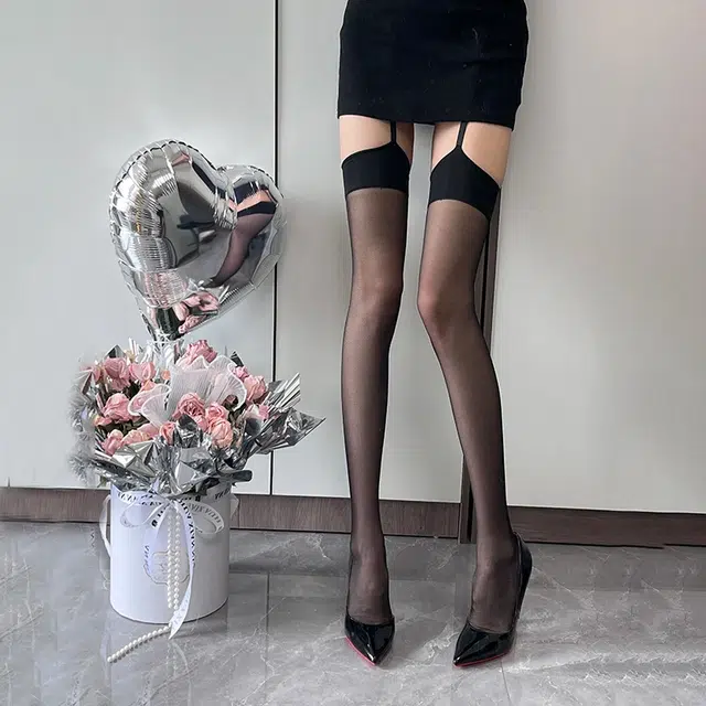 弗利少女 吊带一体性感丝袜超薄过膝高筒袜 女款 单条装 黑色