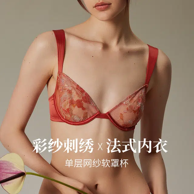 弗利少女 法式网纱刺绣蕾丝文胸软钢圈性感小胸内衣裤套装 女款 赤霞色