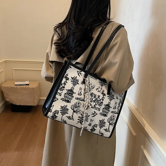 凡思曼 小众高级感原创简约时尚新中式优雅百搭通勤上课托特包 布 腋下包单肩手提包 大号 女款 黑色棕色