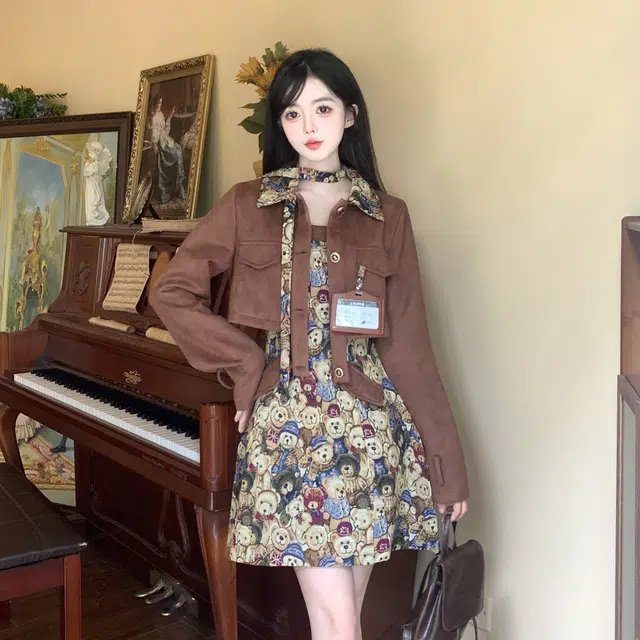 古莲菲 长袖短外套显瘦连衣裙裙装套装 女款 棕色