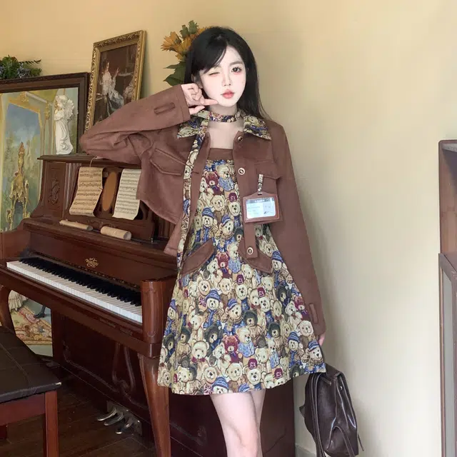 古莲菲 长袖短外套显瘦连衣裙裙装套装 女款 棕色