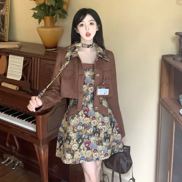 古莲菲 长袖短外套显瘦连衣裙裙装套装 女款 棕色