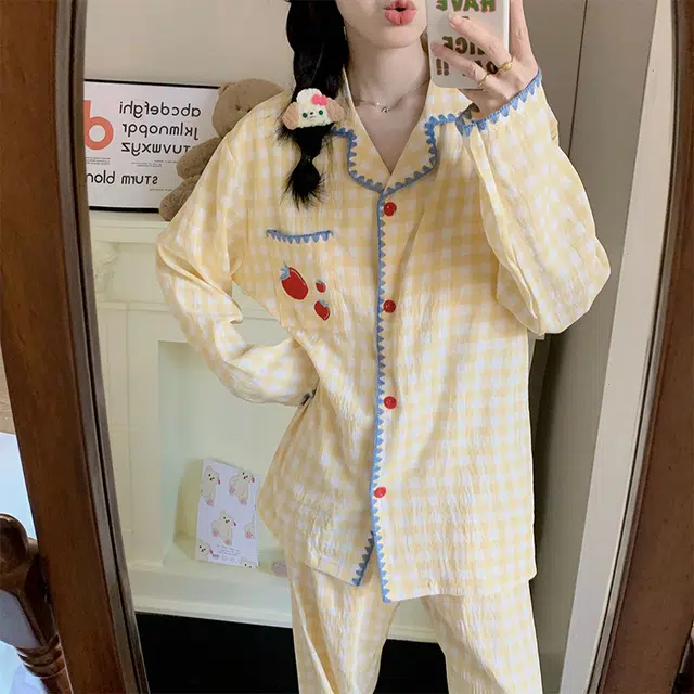 静英鸾 云朵棉长袖长裤翻领开衫纯色格子苹果休闲两件套家居服秋冬季睡衣套装 女款