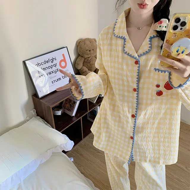 静英鸾 云朵棉长袖长裤翻领开衫纯色格子苹果休闲两件套家居服秋冬季睡衣套装 女款