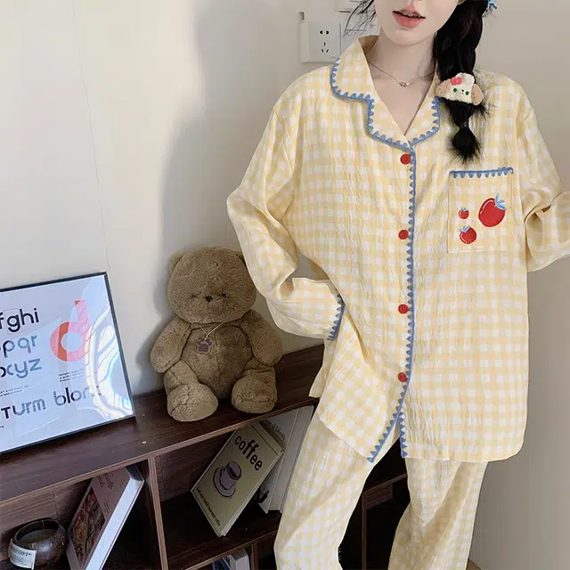静英鸾 云朵棉长袖长裤翻领开衫纯色格子苹果休闲两件套家居服秋冬季睡衣套装 女款