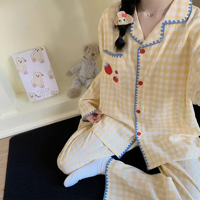 静英鸾 云朵棉长袖长裤翻领开衫纯色格子苹果休闲两件套家居服秋冬季睡衣套装 女款