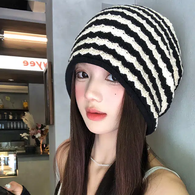 【宽松大头围显脸小】 攸委 韩版时尚百搭通勤条纹堆堆帽女秋冬季保暖加厚防寒护耳帽 针织 高级设计感套头冷帽包头帽子绒线帽 女款