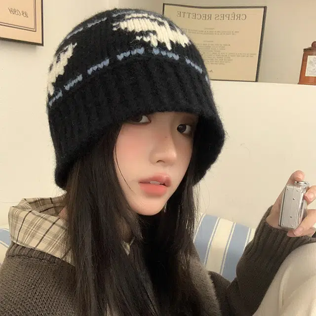 【秋冬降温必备】 攸委 黑色复古百搭通勤针织帽女冬季韩系百搭显脸小毛线水桶帽子 腈纶 加厚防寒保暖时尚绒线帽渔夫帽 男女同款情侣款