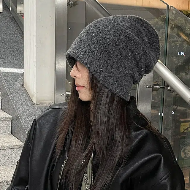 【通勤出街时尚百搭】 攸委 亮片毛线针织帽子秋冬季加厚保暖护耳帽大头围显脸小 羊毛混纺 休闲潮流绒线帽网红堆堆帽 男女同款情侣款