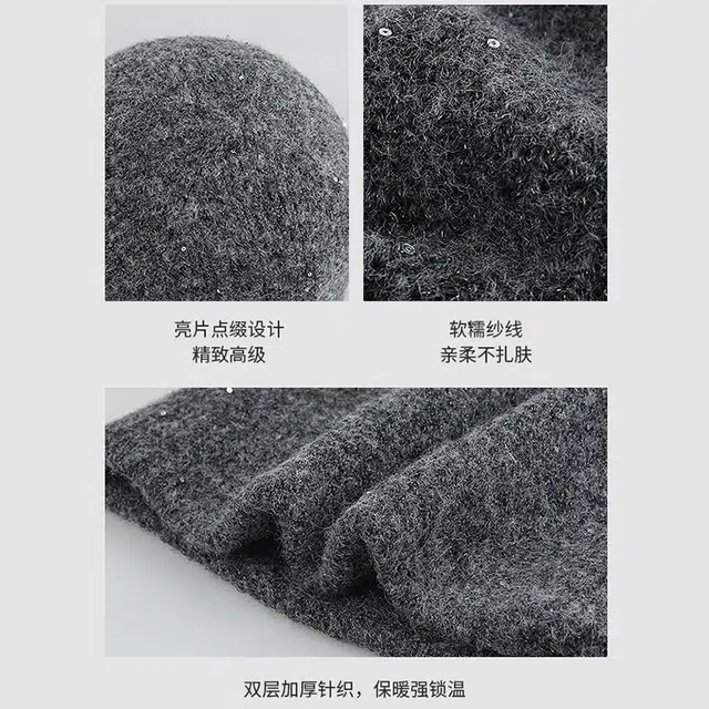【通勤出街时尚百搭】 攸委 亮片毛线针织帽子秋冬季加厚保暖护耳帽大头围显脸小 羊毛混纺 休闲潮流绒线帽网红堆堆帽 男女同款情侣款