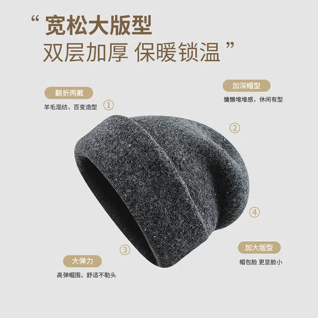 【通勤出街时尚百搭】 攸委 亮片毛线针织帽子秋冬季加厚保暖护耳帽大头围显脸小 羊毛混纺 休闲潮流绒线帽网红堆堆帽 男女同款情侣款