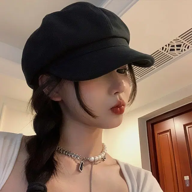 攸委 文艺风时尚黑色防寒保暖百搭显脸小 棉 贝雷帽 女款