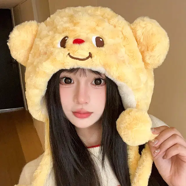 【秋冬必备~奶油小熊】 攸委 可爱卡通蜂蜜熊毛绒帽子学生显脸小加厚保暖护耳帽 涤纶 大头围时尚百搭骑车加绒防寒包头针织绒线帽 女款