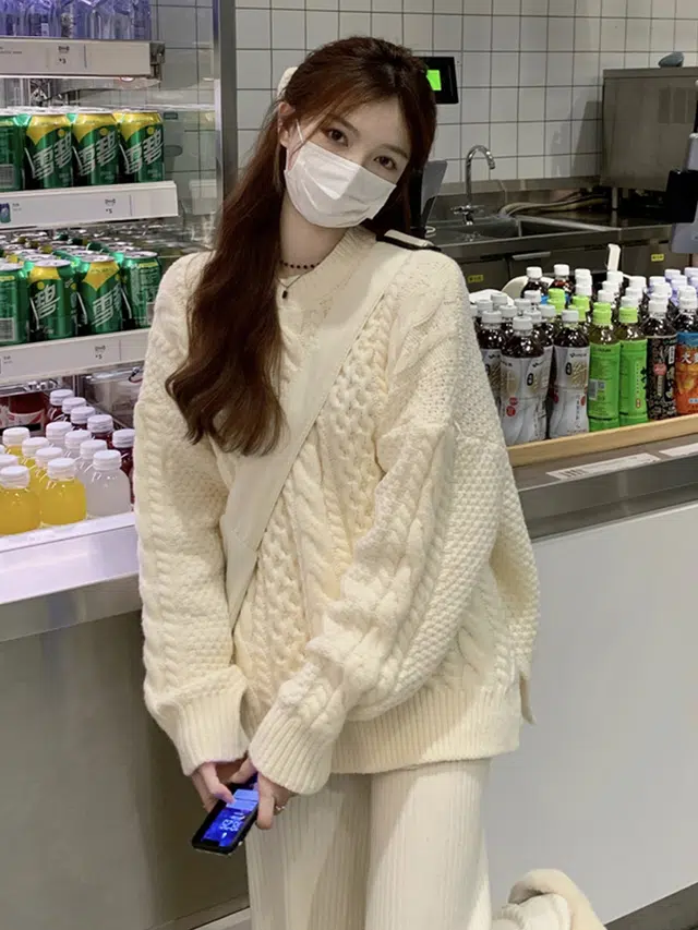 邦固依品 复古日系慵懒风女宽松外穿加厚保暖麻花打底衫女秋冬上衣针织衫 女款